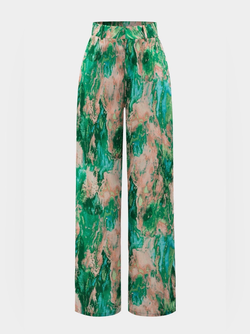 High-Rise Wide-Leg Marble Print Pants in Green & Pink